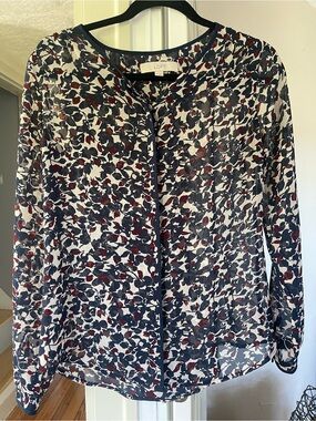 LOFT dark Navy, Burgundy & Cream Floral Print Blouse size XS
